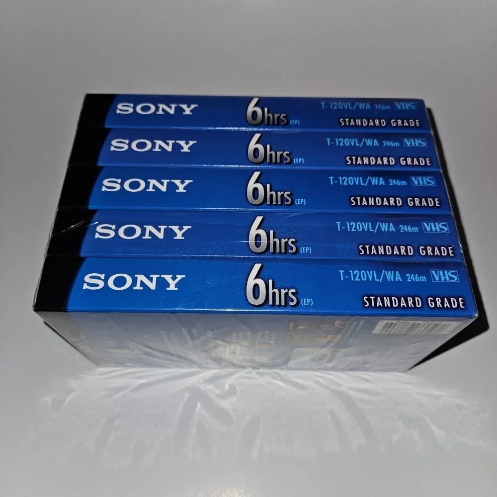 NOS Sony 5-Pack Blank VHS Tape Lot 6 Hours T-120 FACTORY SEALED